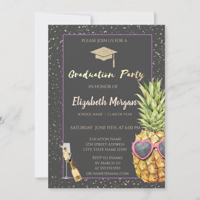 Glitter Grad Cap,Confetti,Wine,Cool Pineapple  Invitation (Front)