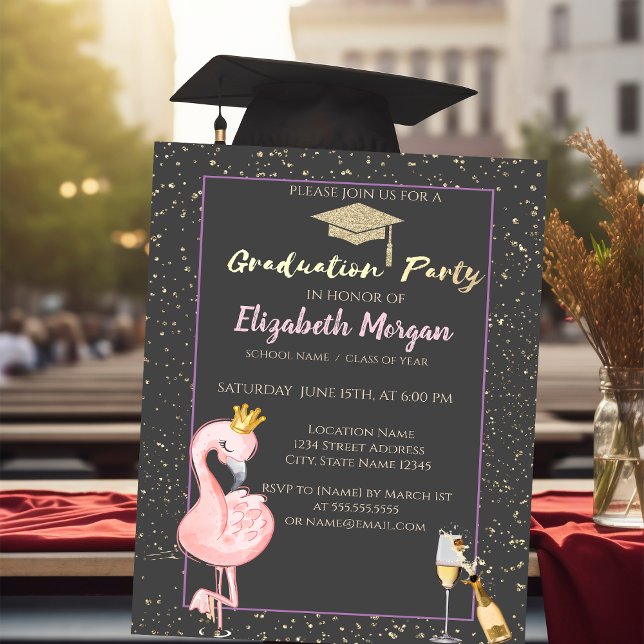 Glitter Grad Cap,Confetti,Wine,Flamingo Crown Invitation (Creator Uploaded)