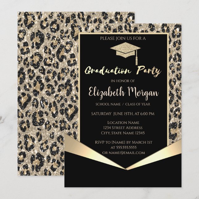 Glitter Grad Cap,Glitter Leopard Graduation  Invitation (Front/Back)