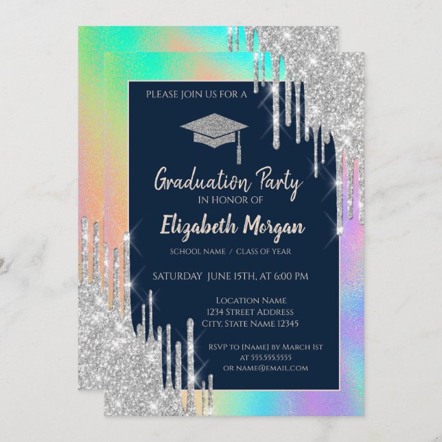 Glitter Grad Cap,Silver Drips,Rainbow Holographic Invitation (Front/Back)