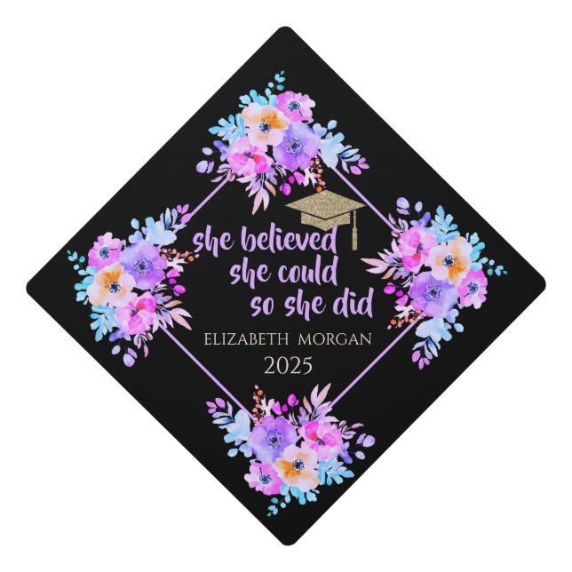 Glitter Grad Cap,Violet Spring Flowers Graduation Graduation Cap Topper (Front)