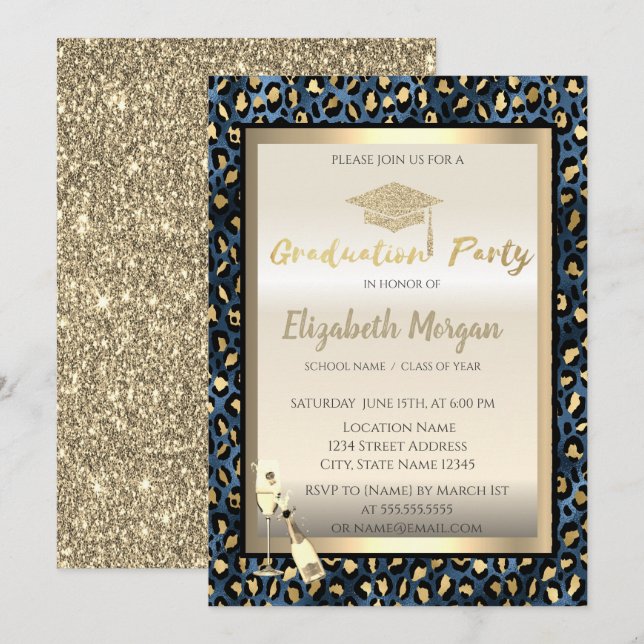 Glitter Grad Cap,Wine Glass Leopard Print Invitation (Front/Back)