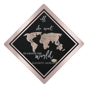 Glitter Grad Cap World Map Rose Gold Graduation