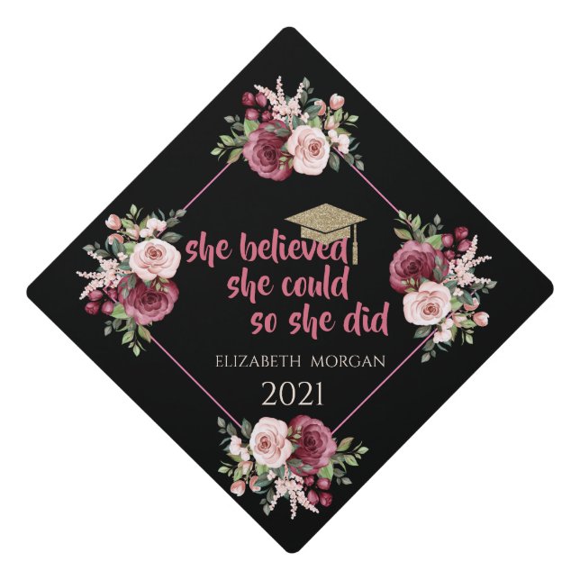 Glitter Graduate Cap,Burgundy Flowers Graduation Cap Topper (Front)