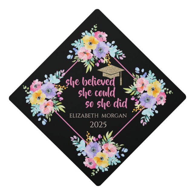 Glitter Graduate Cap,Colourful Spring Flowers Graduation Cap Topper (Front)