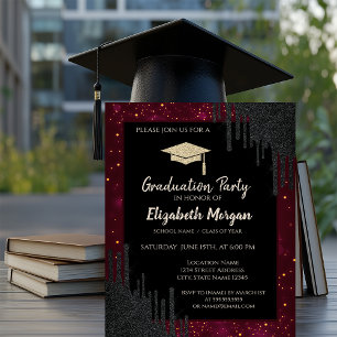 Glitter Graduation Cap,Confetti Black Drips Red Invitation