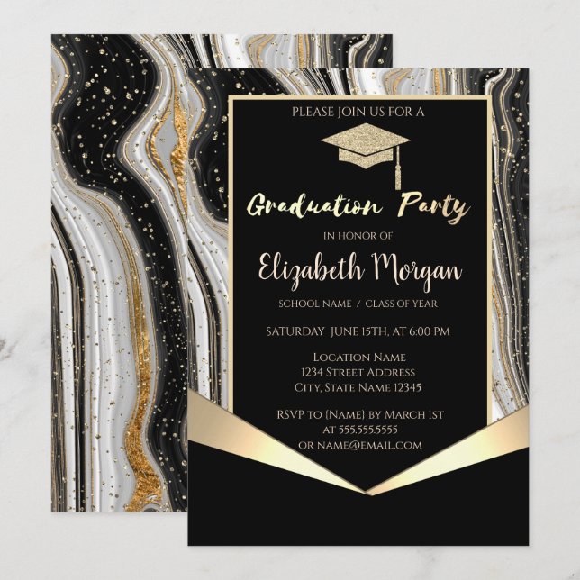 Glitter Graduation Cap,Confetti Black Marble  Invitation (Front/Back)