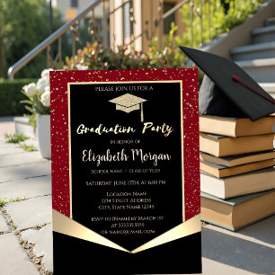 Glitter Graduation Cap,Confetti Red Graduation Invitation