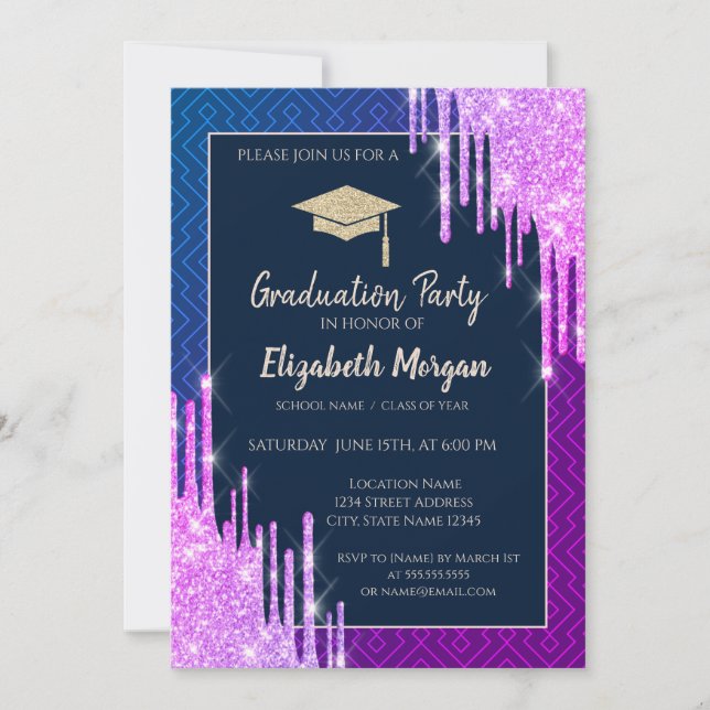 Glitter Graduation Cap,Drips Geometric Graduation Invitation (Front)