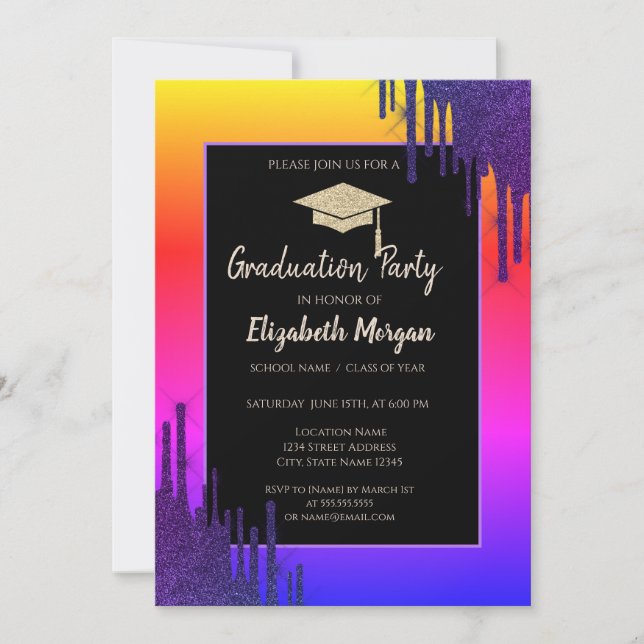 Glitter Graduation Cap,Glitter Drips Colourful Invitation (Front)