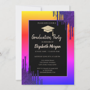 Glitter Graduation Cap,Glitter Drips Colourful Invitation