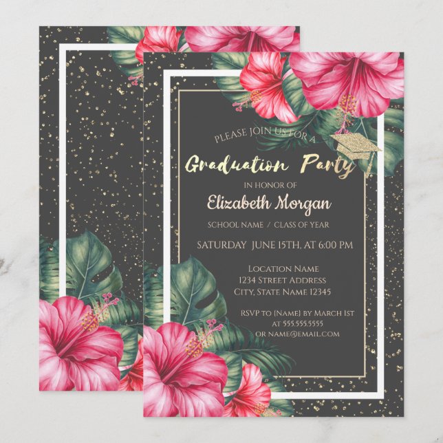 Glitter Graduation Cap,Hibiscus,Confetti Grad Invitation (Front/Back)