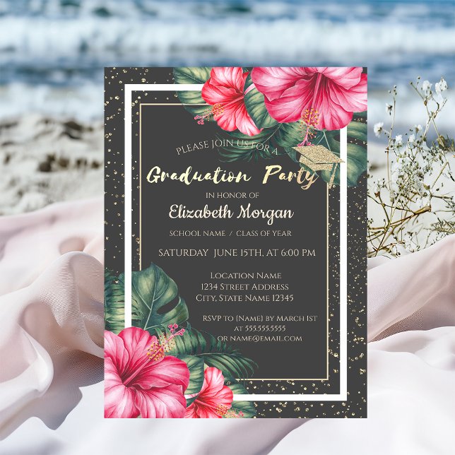 Glitter Graduation Cap,Hibiscus,Confetti Grad Invitation (Creator Uploaded)