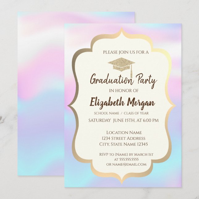 Glitter Graduation Cap Holographic Graduation Part Invitation (Front/Back)