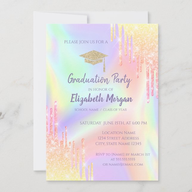 Glitter Graduation Cap,Ombre Drips Holographic Invitation (Front)