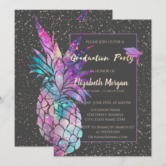 Glitter Graduation Cap, Pineapple, Confetti Invitation (Front/Back)