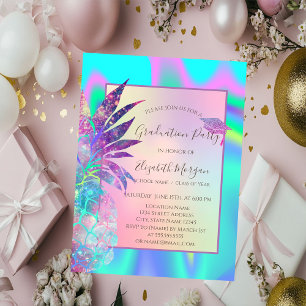 Glitter Graduation Cap, Pineapple Holographic Invitation