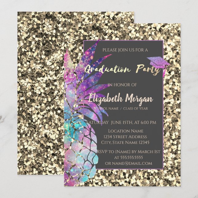 Glitter Graduation Cap, Pineapple, Sequins Invitation (Front/Back)