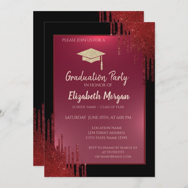 Glitter Graduation Cap,Red Drips Black Graduation  Invitation (Front/Back)