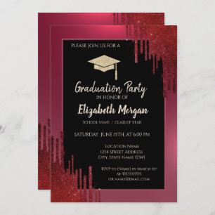 Glitter Graduation Cap,Red Drips Red Graduation Invitation