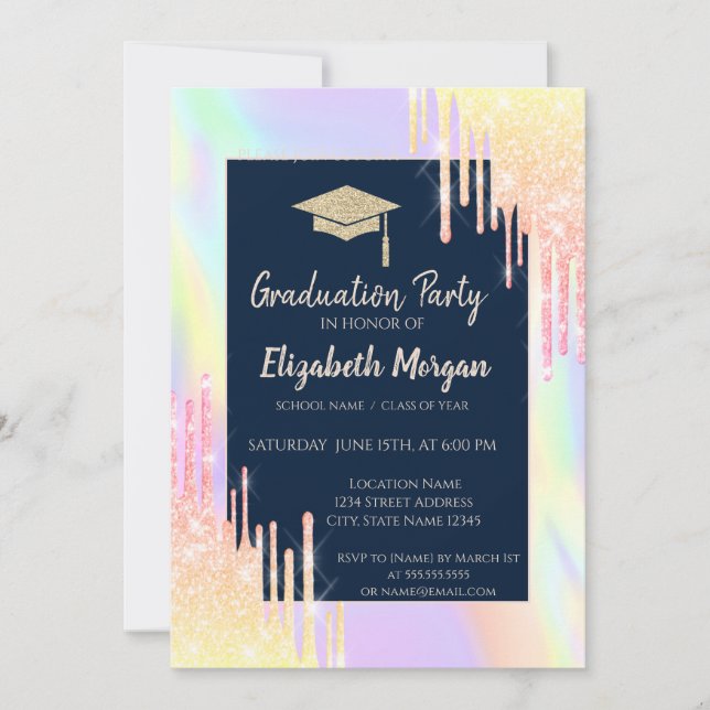 Glitter Graduation Cap,Rose Gold Drips,Navy Blue Invitation (Front)