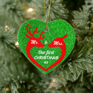 Glitter green and red love our first Christmas Ceramic Ornament