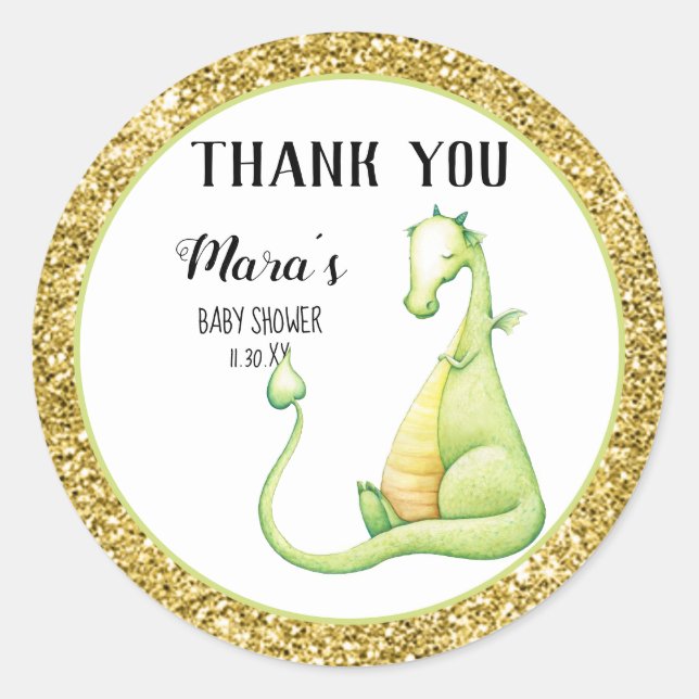 *~* Glitter Green Dragon Baby Shower Thank You Classic Round Sticker (Front)