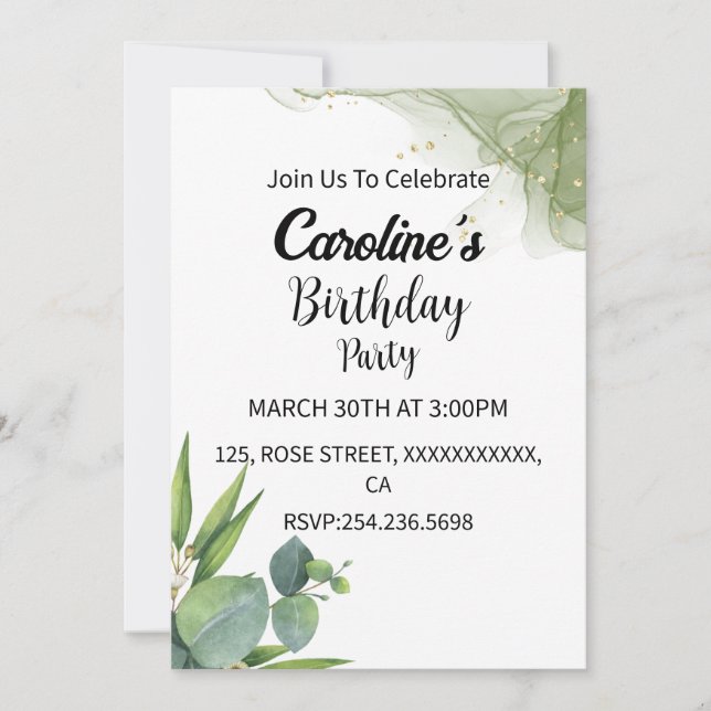 Glitter green & grey shape flowers birthday invitation (Front)
