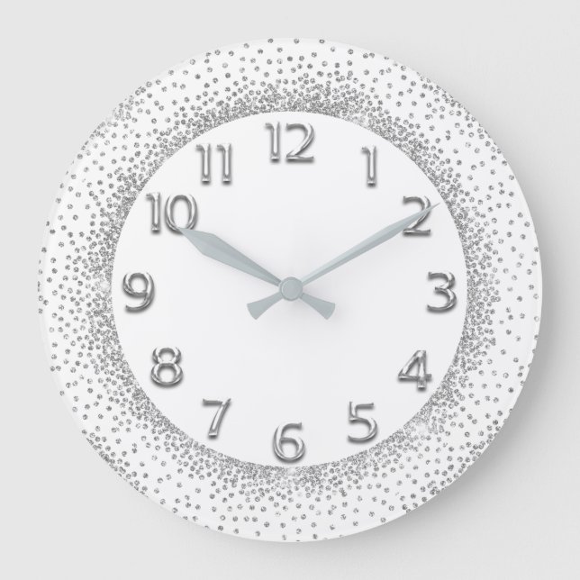 Glitter Grey Numbers White Delicate Grey Silver Large Clock (Front)