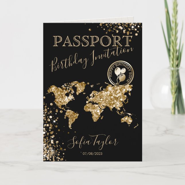 Glitter Happy Birthday Passport Map Any Age Invitation (Front)