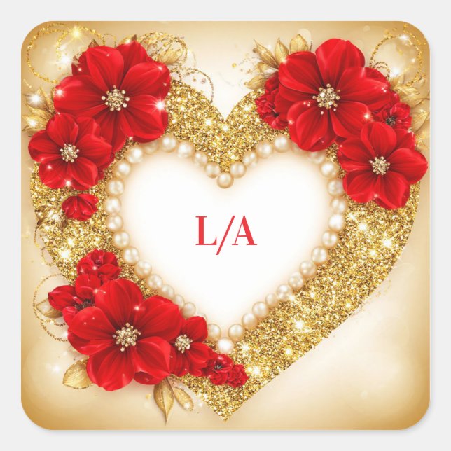 🌸 Glitter Heart Flowers Romantic Wedding Decor Square Sticker (Front)
