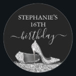 Glitter High Heel 16th Birthday Silver Favour  Classic Round Sticker<br><div class="desc">Elegant and Chic Modern Silver and Black 16th Birthday Personalized Envelope Seal or Favour Labels with Faux Glitter Silver High Heel Stiletto Shoes and custom name calligraphy script cursive in black and white.</div>
