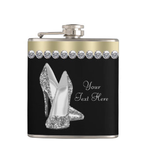 Glitter High Heel Shoes Black and Gold Hip Flask