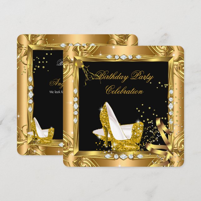 Glitter High Heel Shoes Yellow Gold Black Party Invitation (Front/Back)