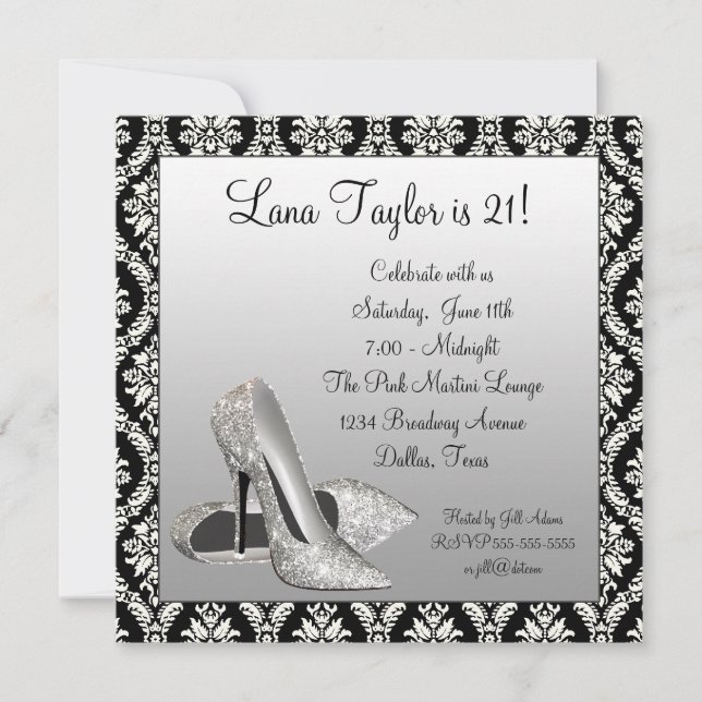 Glitter High Heels Black Damask Birthday Party Invitation (Front)