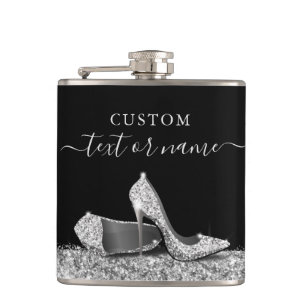 Glitter High Heels Black Silver Personalized Hip Flask