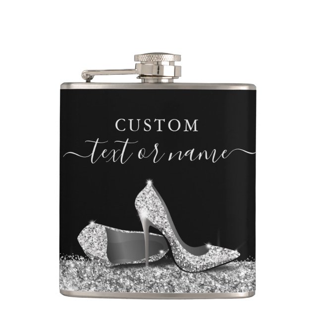 Glitter High Heels Black Silver Personalized Hip Flask (Front)