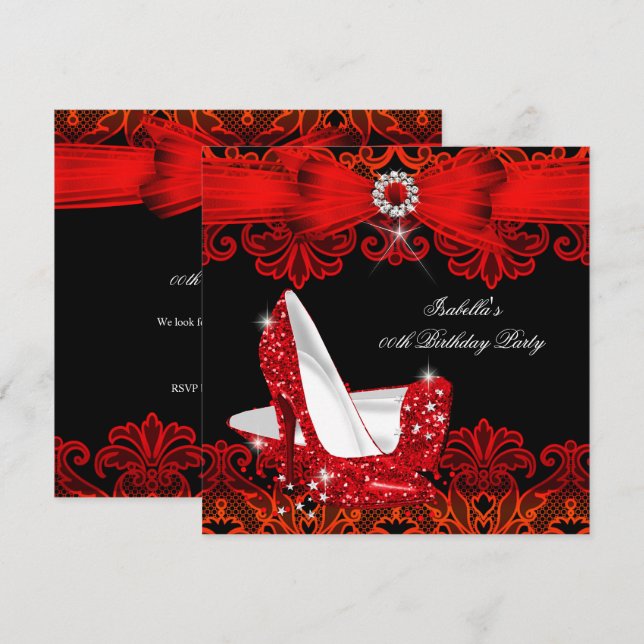 Glitter High Heels Red Lace Diamond Stiletto Shoe Invitation (Front/Back)