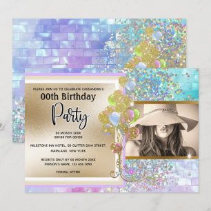 Glitter holographic pink gold confetti girls party invitation