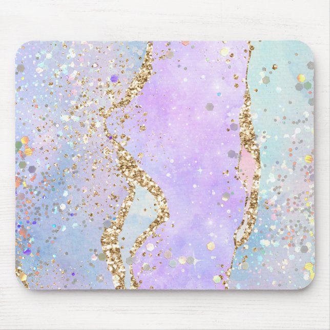 Glitter Holographic Pink Marble Mermaid Unicorn  Mouse Pad (Front)