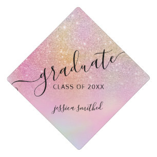 Glitter holographic rainbow typography graduate graduation cap topper