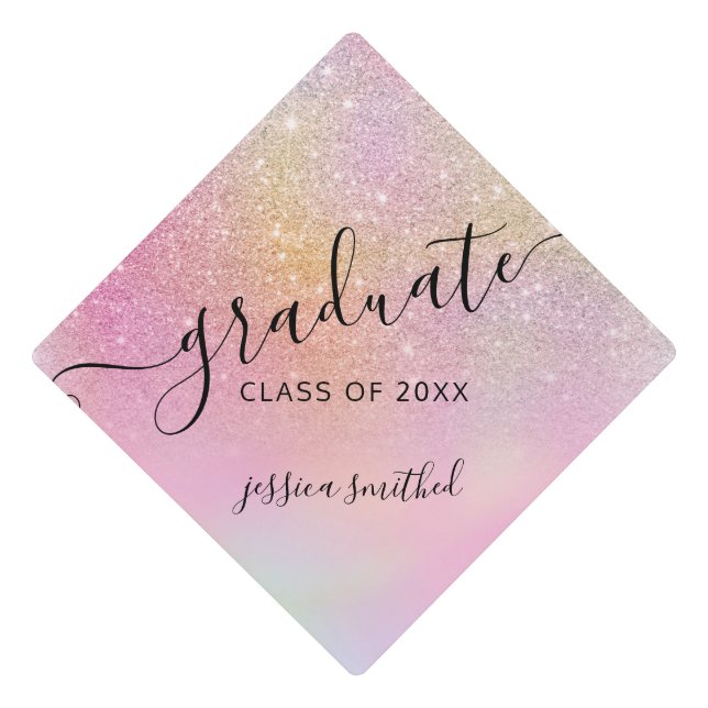Glitter holographic rainbow typography graduate graduation cap topper (Front)