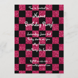 Glitter hot pink and black chequered pattern invitation