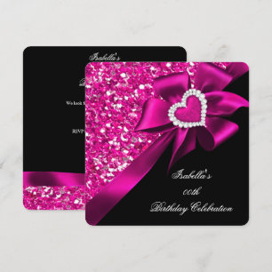 Glitter Hot Pink Heart Bow Black Birthday Party 2 Invitation