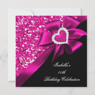 Glitter Hot Pink Heart Bow Black Birthday Party Invitation