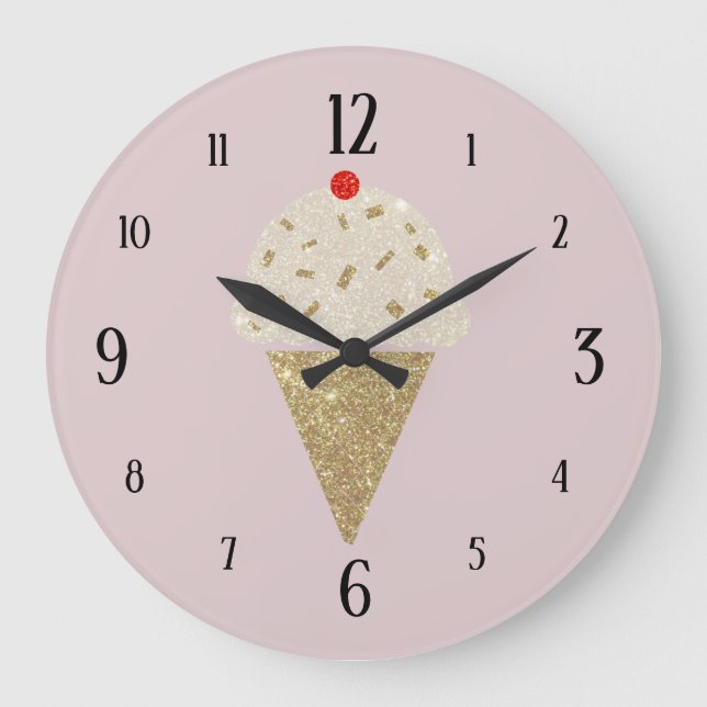 Glitter Ice Cream Cone Red Cherry on Pink Large Clock (Front)