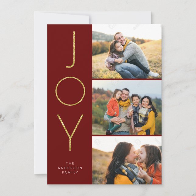 Glitter JOY 3 Stacked Pix Holiday Card (Front)
