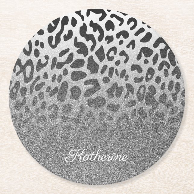 Glitter Leopard Print Round Paper Coaster (Front)
