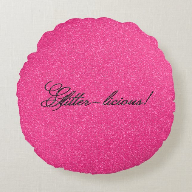 Glitter-licious, Pink-Black Round Throw Pillow (Front)