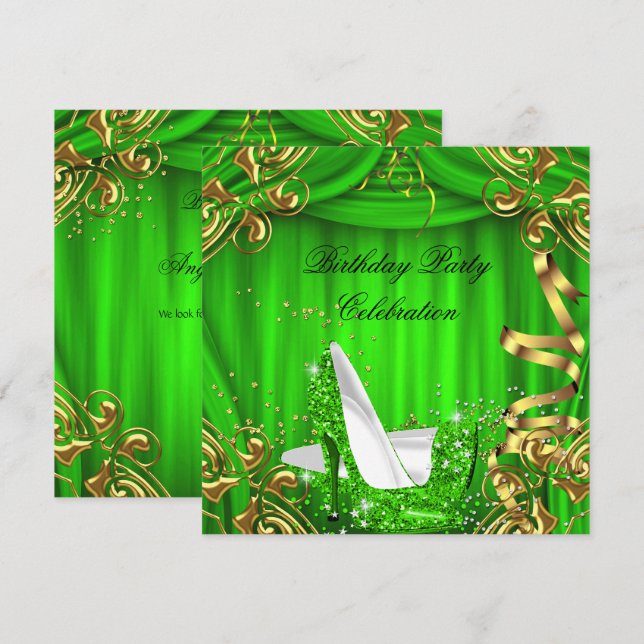 Glitter Lime High Heels Gold Silk Birthday Party Invitation (Front/Back)